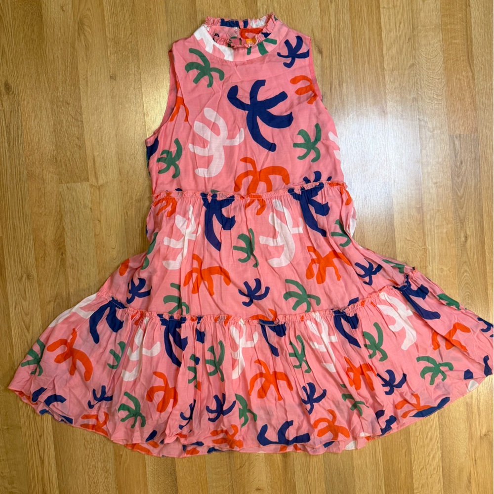 Oliphant Silk & Cotton Pink Cozumel Abstract High Neck Midi Dress Sz Small